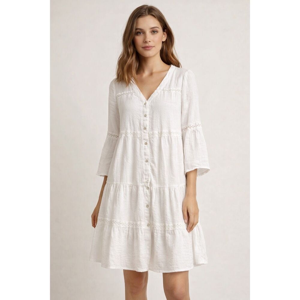 indigo Rose White Boho Tiered Dress Lace Button Front Size M